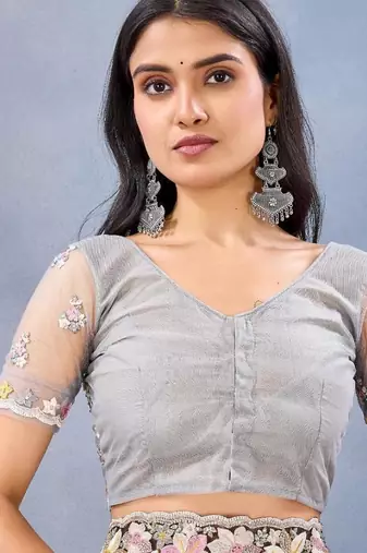 White color net resham embroidered & handwork zircon work saree