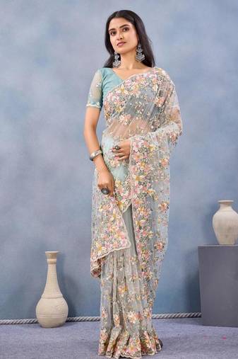 Sea green color net resham embroidered & handwork zircon work saree
