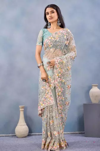 Sea green color net resham embroidered & handwork zircon work saree