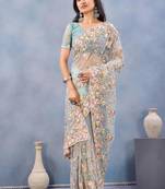 Sea green color net resham embroidered & handwork zircon work saree