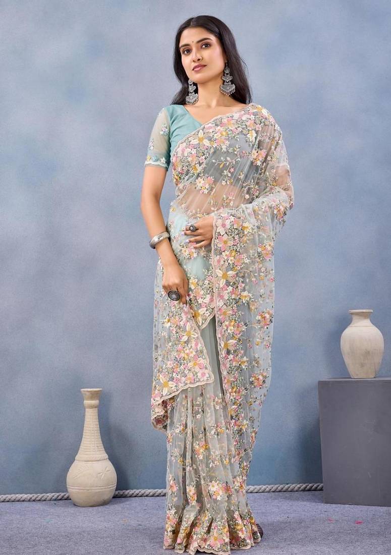 Sea green color net resham embroidered & handwork zircon work saree