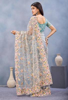 Sea green color net resham embroidered & handwork zircon work saree 2