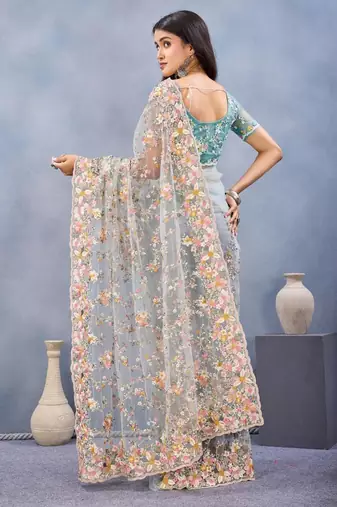 Sea green color net resham embroidered & handwork zircon work saree