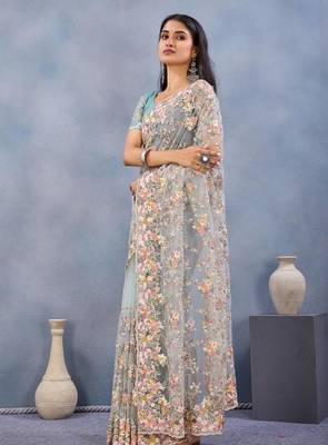 Sea green color net resham embroidered & handwork zircon work saree 3