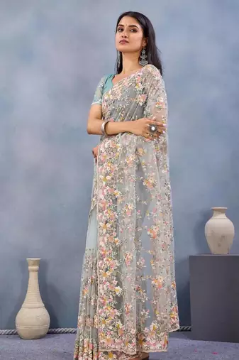 Sea green color net resham embroidered & handwork zircon work saree