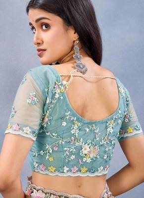 Sea green color net resham embroidered & handwork zircon work saree 4