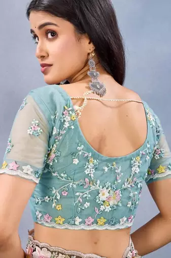 Sea green color net resham embroidered & handwork zircon work saree