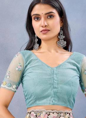Sea green color net resham embroidered & handwork zircon work saree 5