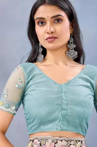 Sea green color net resham embroidered & handwork zircon work saree
