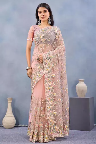 Peach color net resham embroidered & handwork zircon work saree