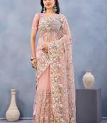 Peach color net resham embroidered & handwork zircon work saree
