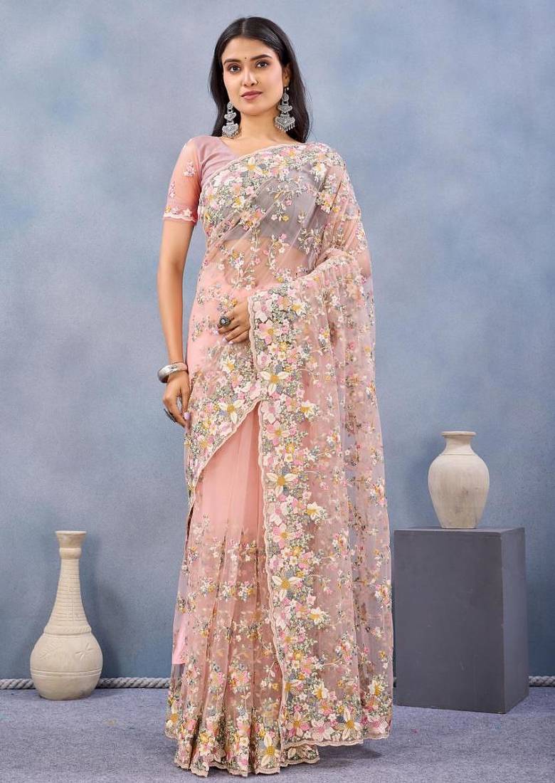 Peach color net resham embroidered & handwork zircon work saree