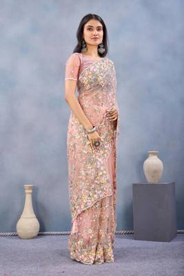 Peach color net resham embroidered & handwork zircon work saree 2