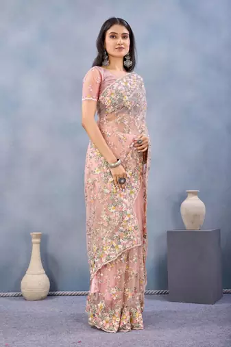 Peach color net resham embroidered & handwork zircon work saree