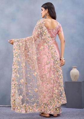 Peach color net resham embroidered & handwork zircon work saree 3