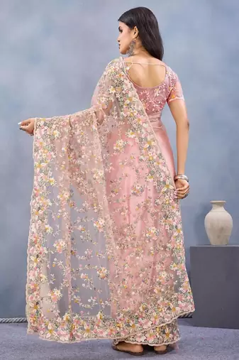 Peach color net resham embroidered & handwork zircon work saree
