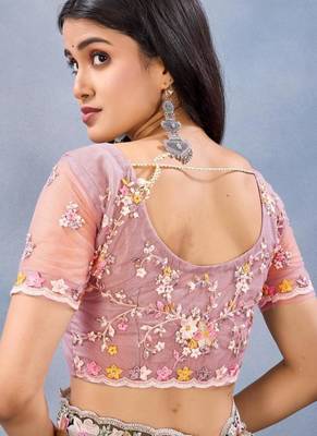 Peach color net resham embroidered & handwork zircon work saree 4