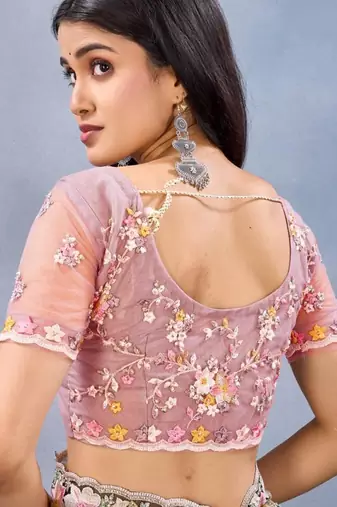 Peach color net resham embroidered & handwork zircon work saree