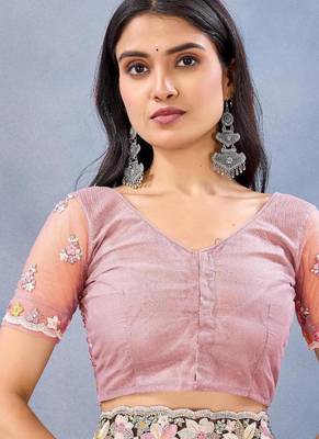 Peach color net resham embroidered & handwork zircon work saree 5