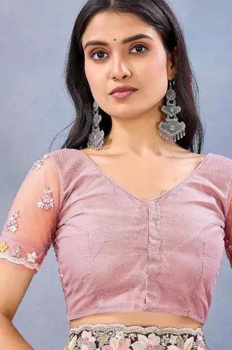 Peach color net resham embroidered & handwork zircon work saree