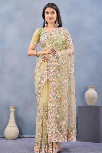 Lemon yellow color net resham embroidered & handwork zircon work saree