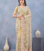 Lemon yellow color net resham embroidered & handwork zircon work saree