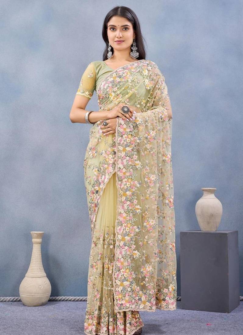 Lemon yellow color net resham embroidered & handwork zircon work saree