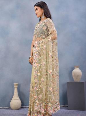 Lemon yellow color net resham embroidered & handwork zircon work saree 2