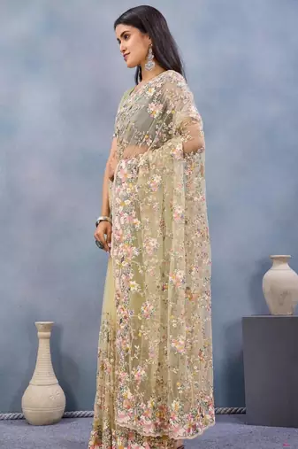 Lemon yellow color net resham embroidered & handwork zircon work saree
