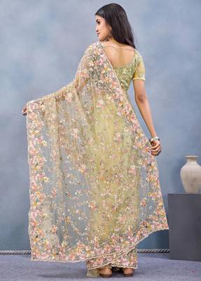 Lemon yellow color net resham embroidered & handwork zircon work saree 3