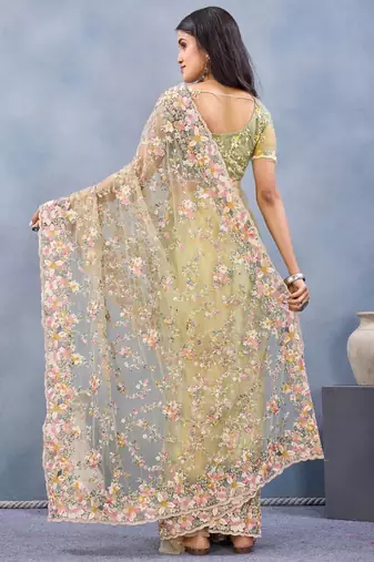 Lemon yellow color net resham embroidered & handwork zircon work saree