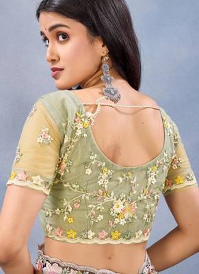 Lemon yellow color net resham embroidered & handwork zircon work saree 4