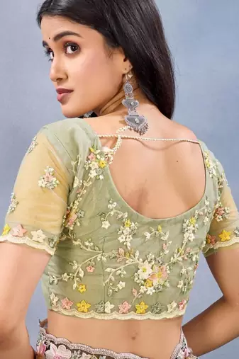 Lemon yellow color net resham embroidered & handwork zircon work saree
