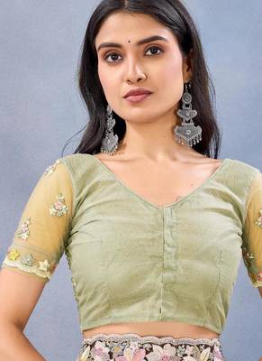 Lemon yellow color net resham embroidered & handwork zircon work saree 5