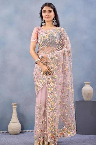 Dusty pink color net resham embroidered & handwork zircon work saree