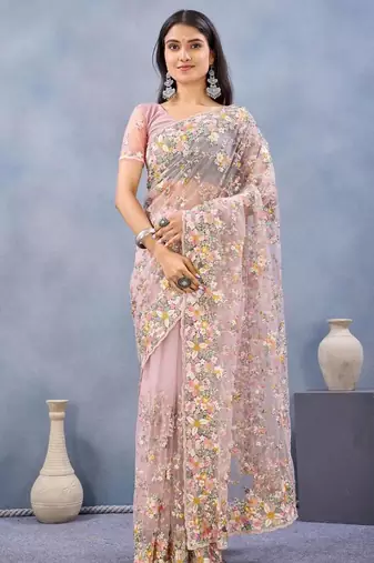 Dusty pink color net resham embroidered & handwork zircon work saree