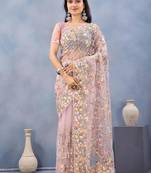 Dusty pink color net resham embroidered & handwork zircon work saree