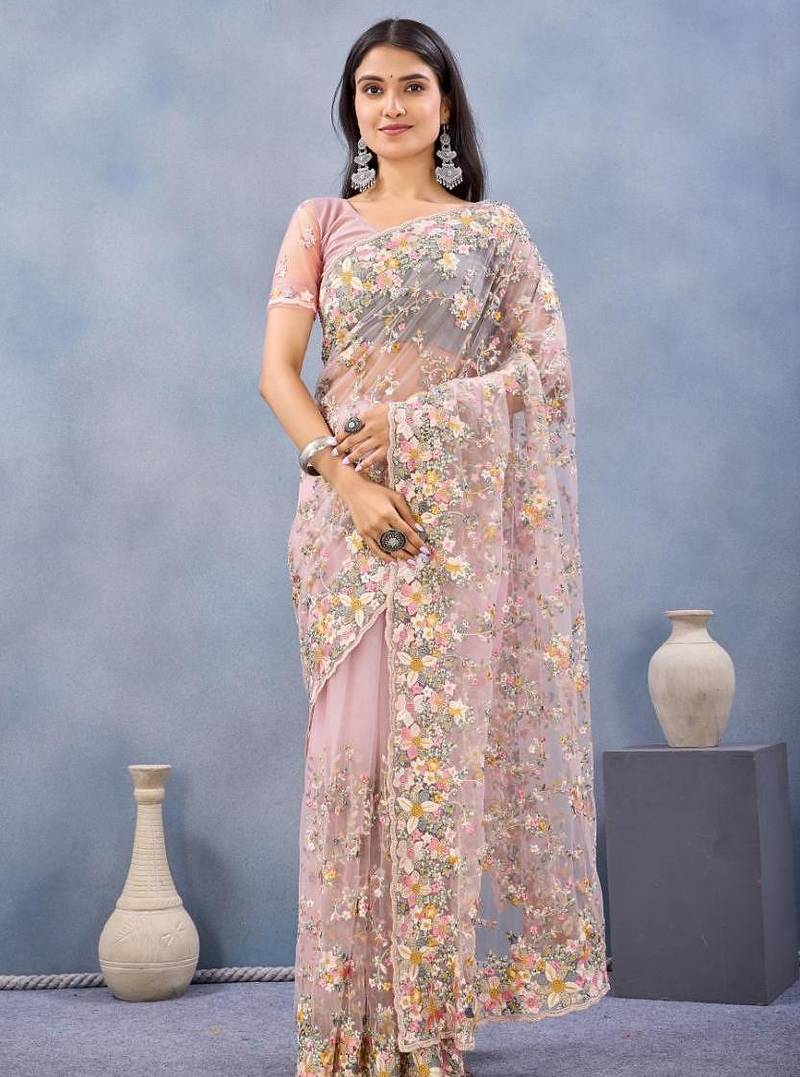 Dusty pink color net resham embroidered & handwork zircon work saree