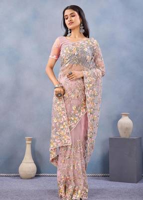 Dusty pink color net resham embroidered & handwork zircon work saree 2