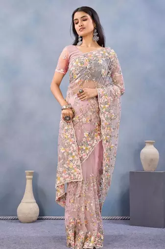 Dusty pink color net resham embroidered & handwork zircon work saree