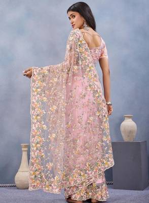 Dusty pink color net resham embroidered & handwork zircon work saree 3
