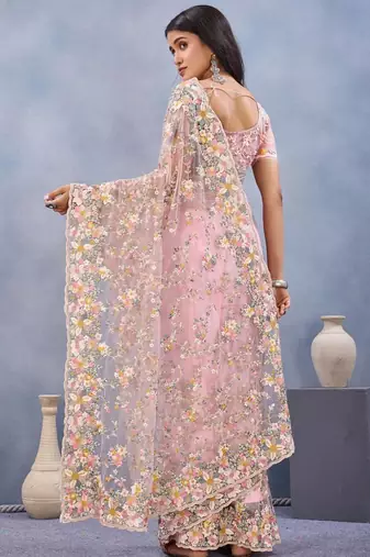 Dusty pink color net resham embroidered & handwork zircon work saree