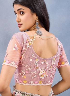 Dusty pink color net resham embroidered & handwork zircon work saree 4