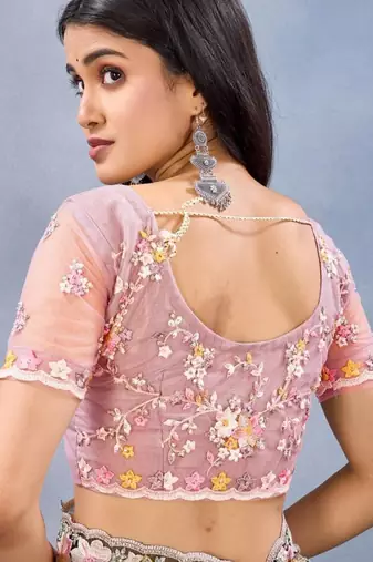 Dusty pink color net resham embroidered & handwork zircon work saree