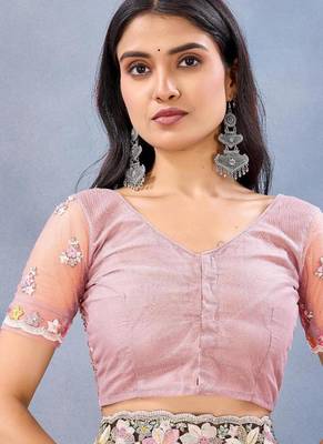 Dusty pink color net resham embroidered & handwork zircon work saree 5