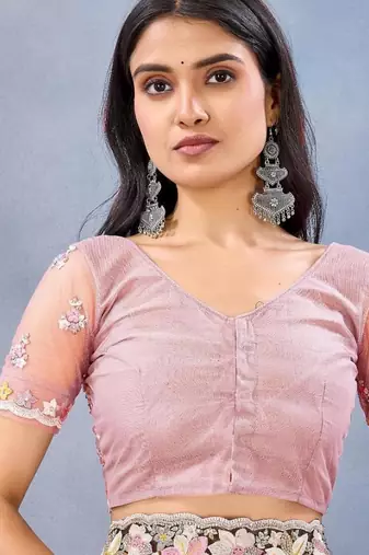 Dusty pink color net resham embroidered & handwork zircon work saree