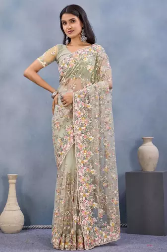Pista color net resham embroidered & handwork zircon work saree
