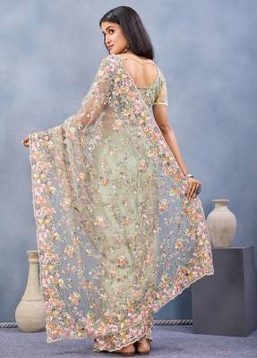 Pista color net resham embroidered & handwork zircon work saree 2