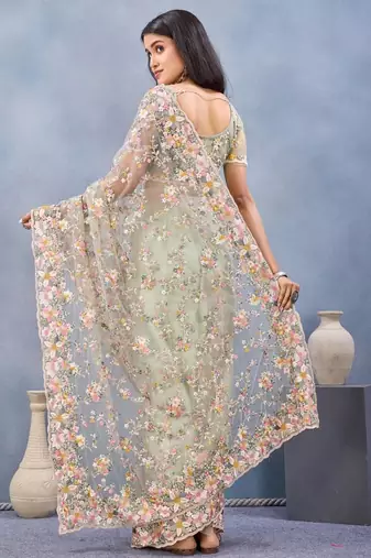 Pista color net resham embroidered & handwork zircon work saree