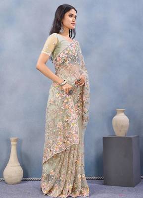 Pista color net resham embroidered & handwork zircon work saree 3